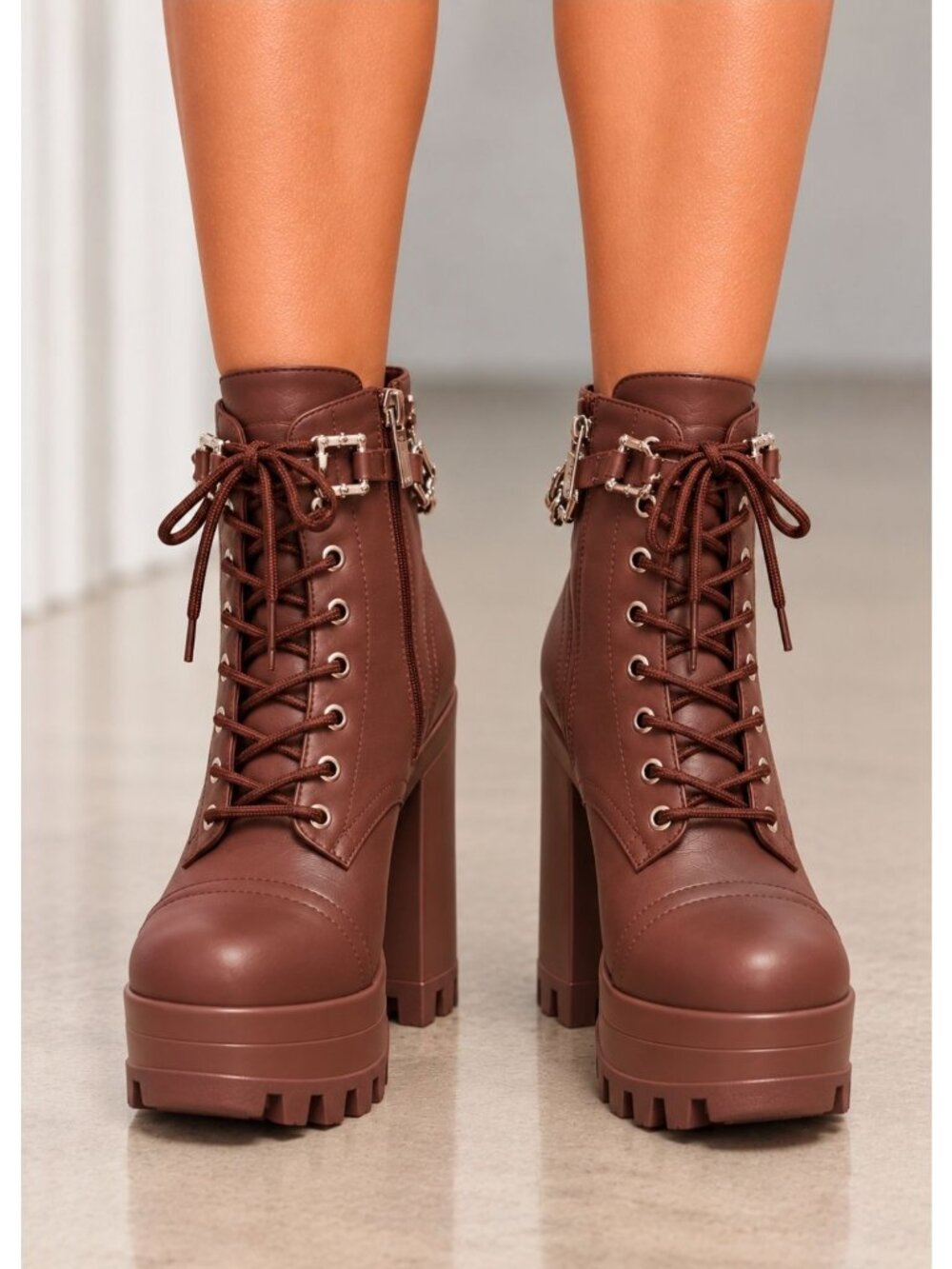 Mocha Brown Platform Lace-Up Combat Ankle Boots Chunky Block Heel Chain Detail